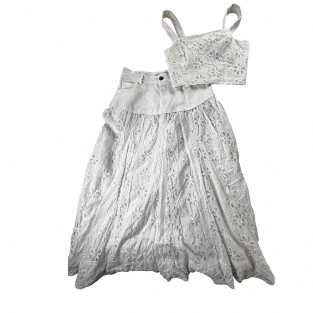 En Saison White Eyelet Two Piece Set Crop Top Maxi Skirt Cotton medium festival - Picture 2 of 16